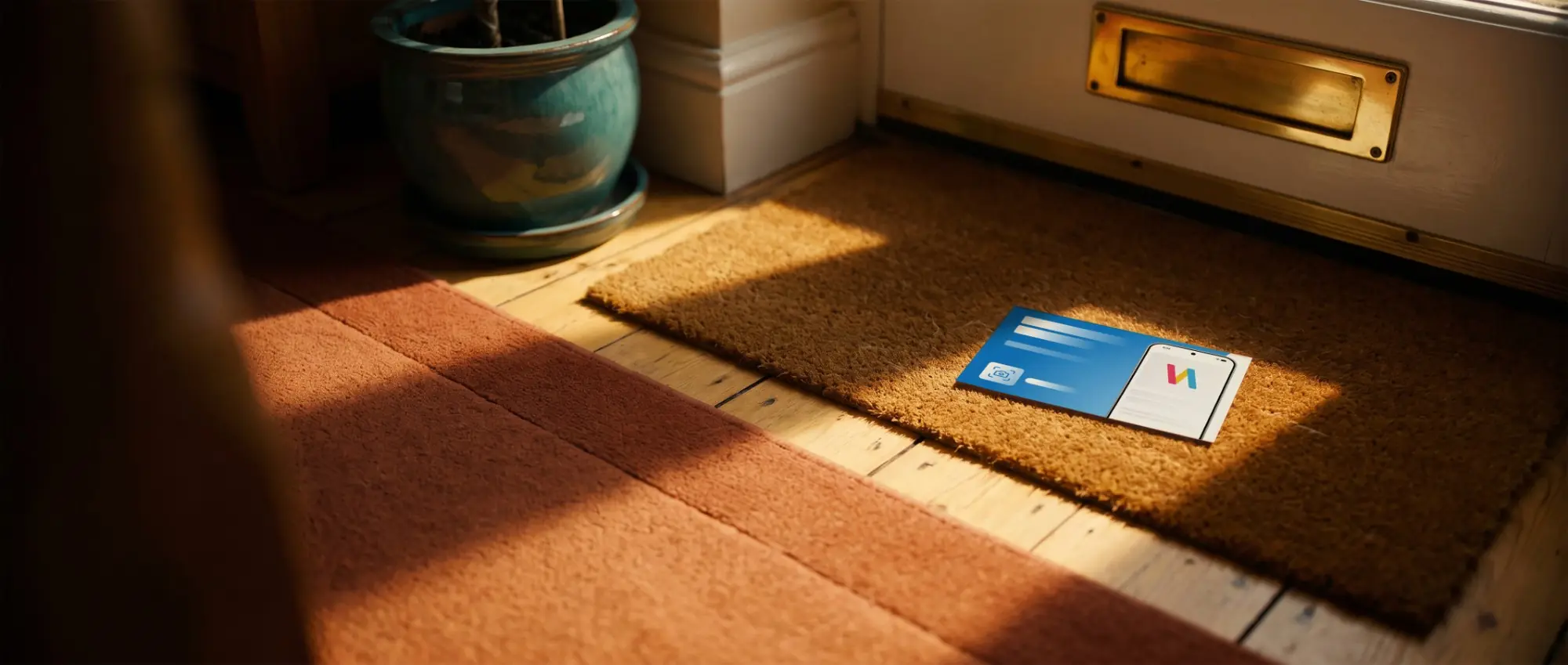 A Webcroft postcard lying on a doormat in a sunlit hallway, just below the letterbox