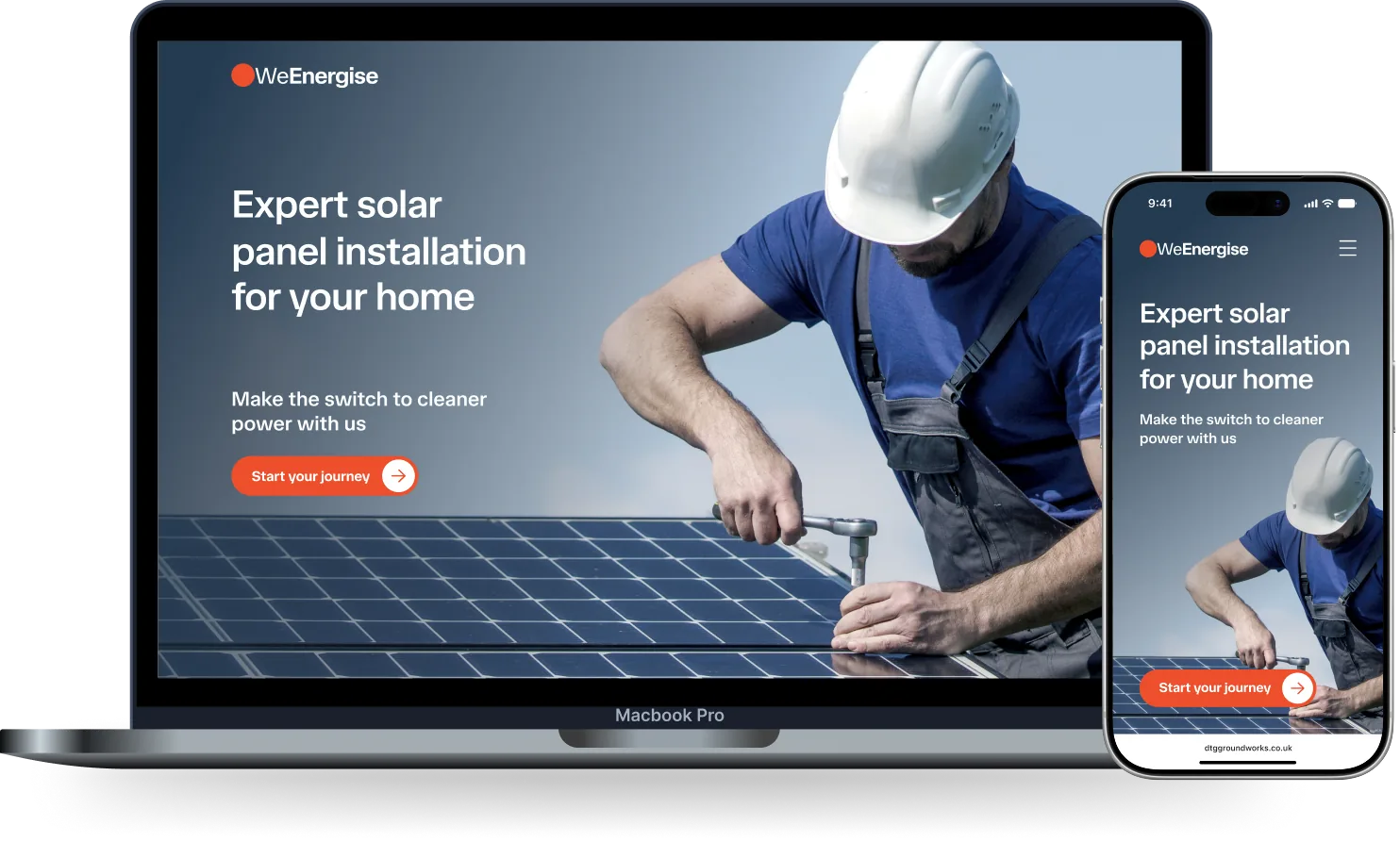 A laptop and phone showing the same tradesperson's website: a solar installer's homepage with a headline, a short line of copy and a call-to-action button