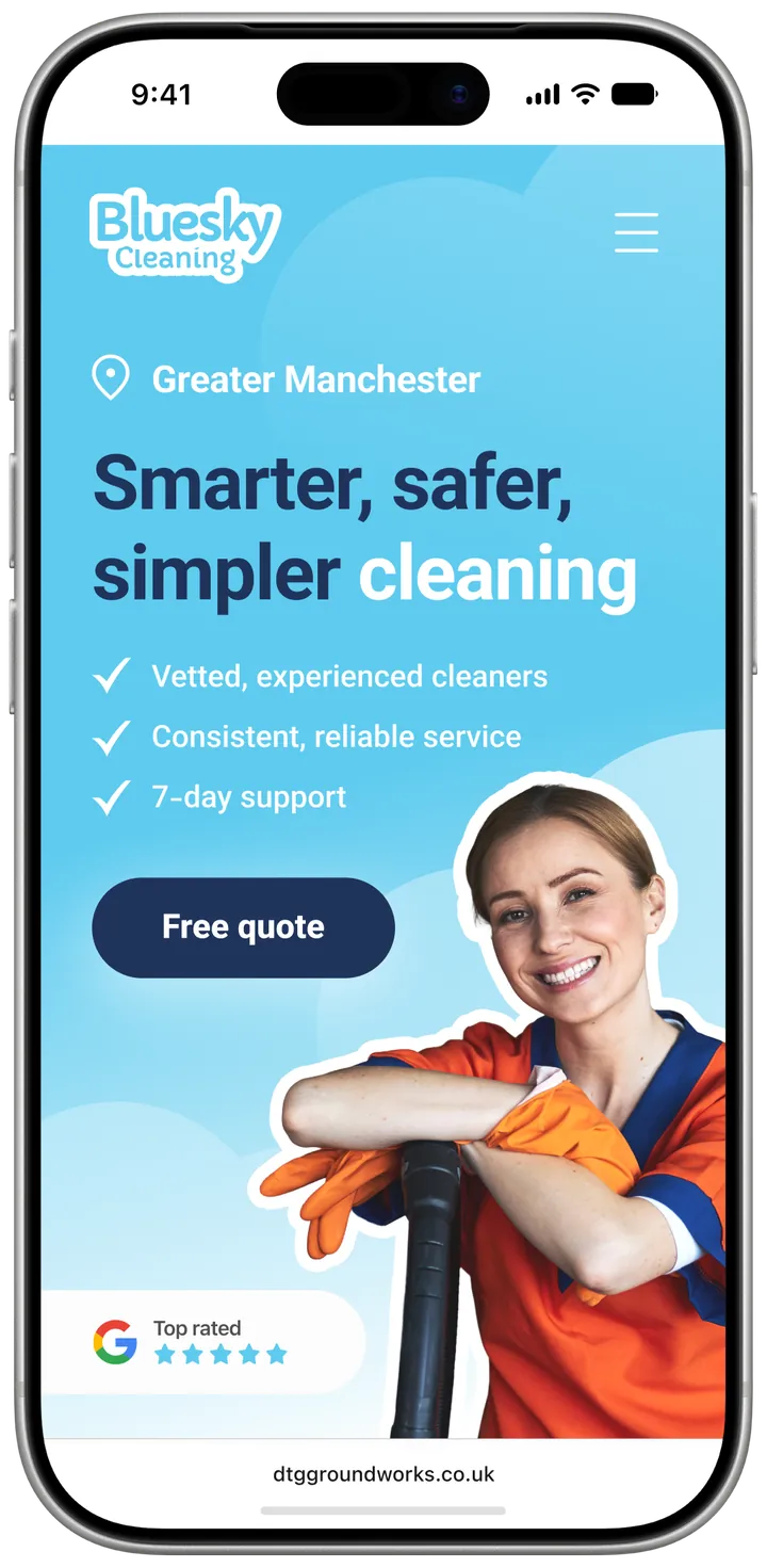 Bluesky Cleaning homepage on a phone