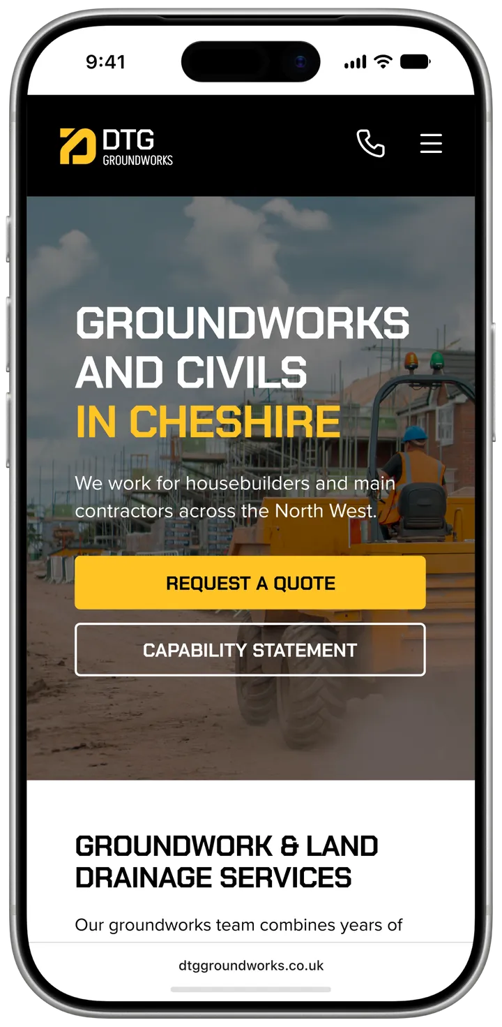 DTG Groundworks homepage on a phone