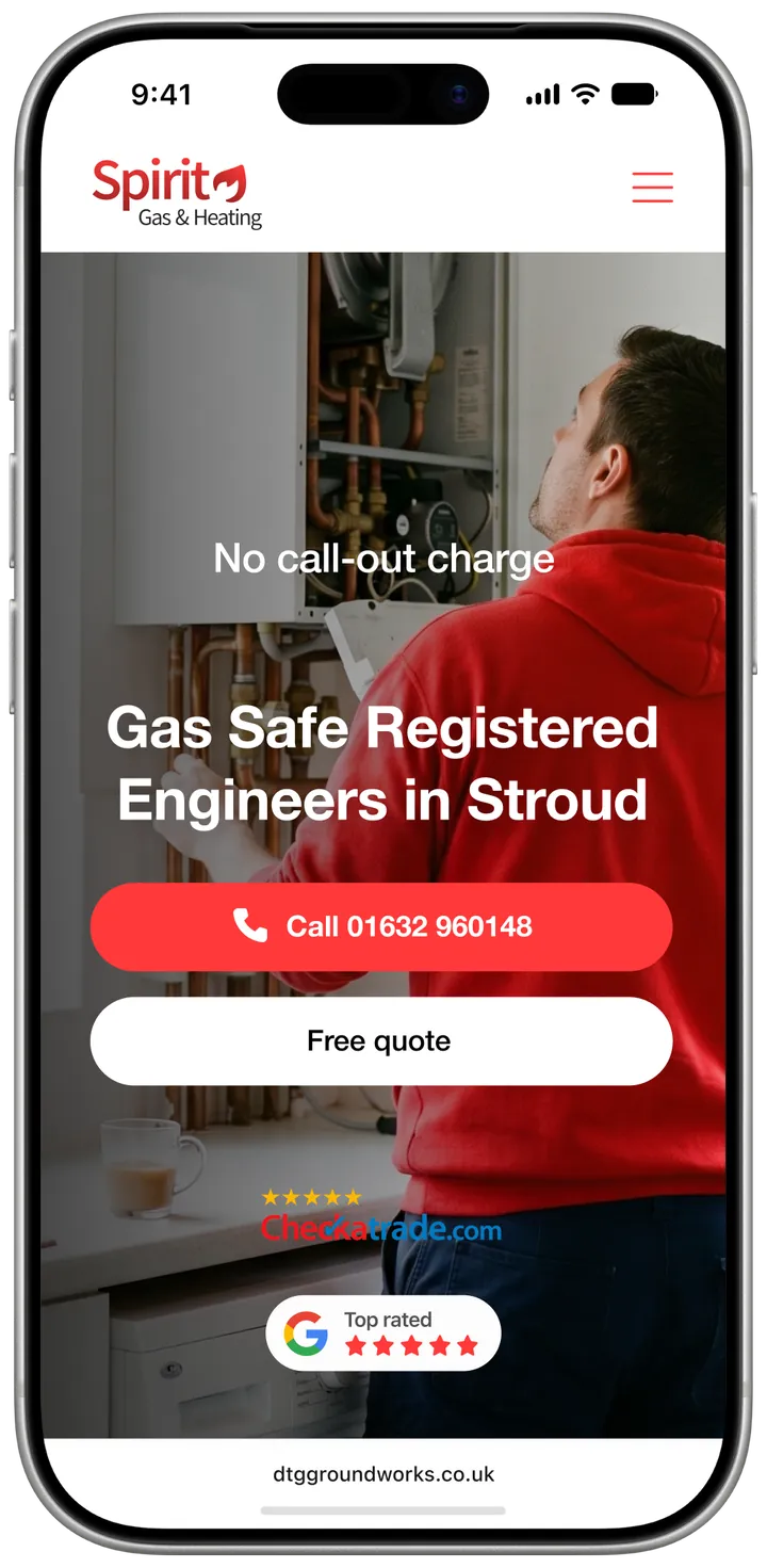 Spirit Gas & Heating homepage on a phone