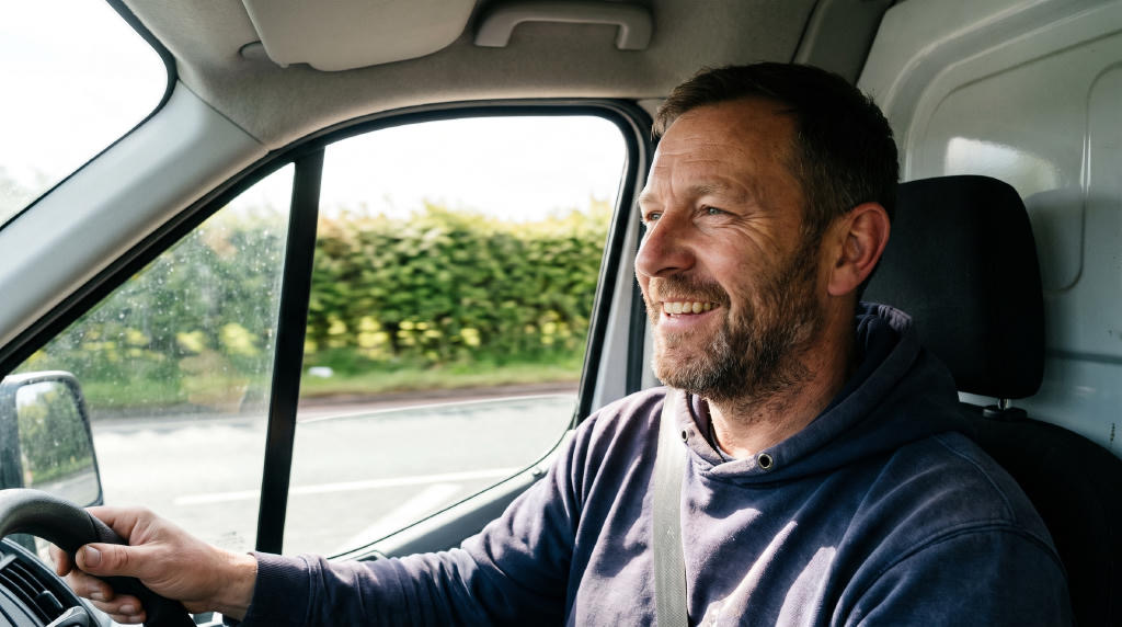 A smiling tradesman at the wheel of his van, with labels for his services, reviews, areas and photos